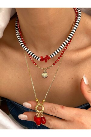 Gold Red Coral Stone Detail Rudder Lock Triple Set Necklace / Women's Multiple Set Necklace - Lucky Designs