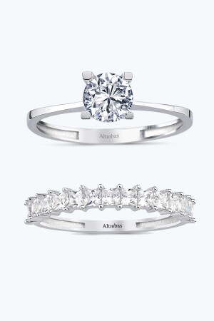 Gold Solitaire Half Round Ring Set of Two - Altınbaş