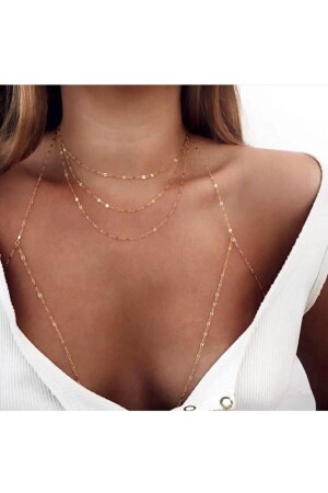 Gold Triple Chain Necklace And Triangle Model Body Accessory Set - Marbling