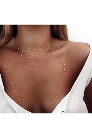 Gold Triple Chain Necklace And Triangle Model Body Accessory Set POP1067 - pop up store