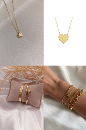 Goldfarbene Kombinations-Herz-Halskette, Stern-Halskette, Kartier-Nagelarmband und Würfel-Kombinationsarmband – 2171 - X-Lady Accessories