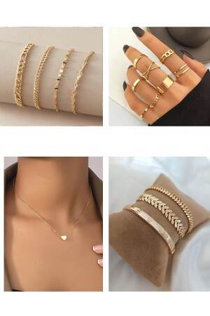 Goldfarbenes Kombinations-Dorica-Armband, 10-teiliger Verbindungsring, Herz-SSF-Halskette, schlichtes Kartier-Armband mit Raupe und Fischgrätenmuster - X-Lady Accessories