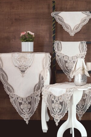 Gonca Velvet Living Room Set 5 Pieces - Cream CD161899 - Çeyiz Diyarı