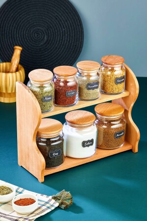 Gönül Collection - Spice Set Glass 7 Pieces with Wooden Stand P28943S8586 - porselen