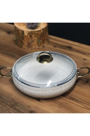 Granit-Auflauf 30 cm 6 Liter abgeflachter Reis-Auflauftopf antihaftbeschichtet weiß-gold 070255 - Lines
