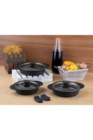 Granit Plus 3-teiliges Pfannenset mit steckbarem Silikongriff, Schwarz TAC-3521 - Taç