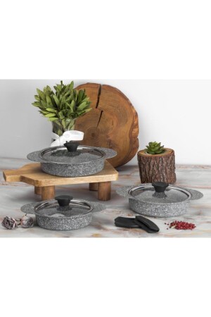 Granit Plus 6 Piece Gray Silicone Handle Pan Set 3182 PRA-1323951-2509 - Taç