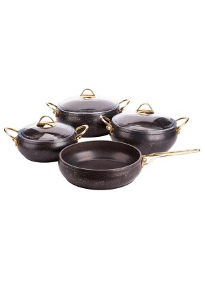 Granite 4-Piece Casserole Set Gold Handle Black K-540 NFD-0924 - Özkent