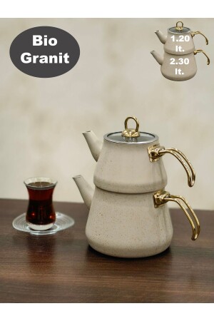 Granite Coated Gold Handled Glass Lid Teapot Cream - Yunusoğlu Home