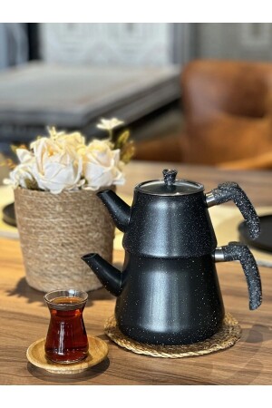 Granite Coated Pyramid Glass Lid Teapot Black - Yunusoğlu Home