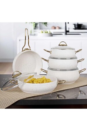 Granite Patterned Casserole and Pot Set Gold Handle 9 Pieces White TYC00385682752 - Lines