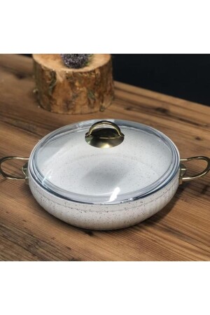 Granite Patterned Flat Casserole Casserole with Golden Handle 28 Cm White 07078657 - Lines