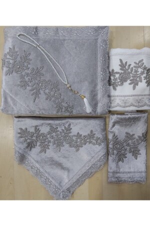 Graues 5-teiliges Luxus-Gebetsteppich-Set aus Samt. Mitgift, französisches Spitzen-Gebetsteppich-Set - Lamazihome