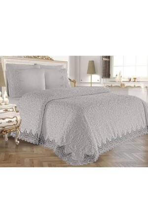 Graues 6-teiliges französisches Mitgift-Decken-Set mit Spitze - Sevda Home Collection