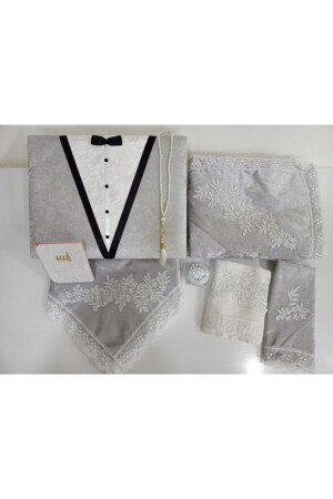 Graues Bräutigam-Gebetsteppich-Set mit Box. Gebetsteppich-Set, Mitgiftbox, 8-teilig - Lamazihome