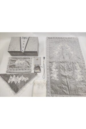 Gray Damat 8 Piece Prayer Rug Set with Storage Velvet Bundle Set - Eylül