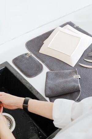 Gray Microwell 3 Piece Set Microfiber Dish Drying Mat 3-Piece Kitchen Set Drying Cloth Cover - Hamur