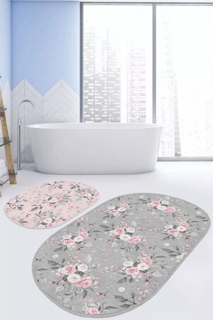 Gray & Pink Floor Rose Special Designed 2-Piece Oval Non-Slip Based Bathroom & Kitchen Mat Set PaspasTakimiElips-2li-Set222 - Realhomes
