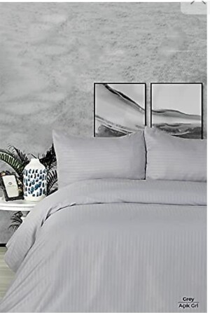 Gray Satin Duvet Cover Set, Double Hotel and Home Type, 2 Pillowcases and Sheets, Elasticless, STRIPED SATIN DUVET COVER SET - Deneme Zamanı