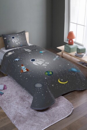 Gray Space and Little Astronaut Patterned Single Duvet Cover Set and Bedspread - Evpanya