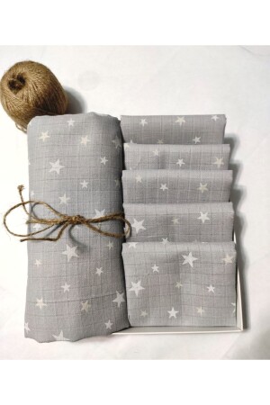 Gray Stars Muslin Set Blanket 100x120 Handkerchief 30x33 5 Pieces ksb1604 - BeybiNest