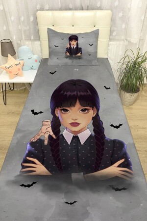 Gray Wednesday Addams gemusterte Tagesdecke und Kissenbezug evortu1658 - Evpanya