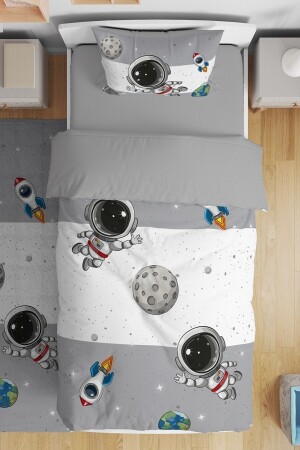 Gray Ye Gray Space and Little Astronaut Patterned Single Baby Kids Duvet Cover Set - Evpanya