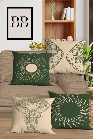 Green Beige Elephant Design Printed Decorative 4-Piece Sofa Pillow Case and Cushion Cover Set - Belle Benoit