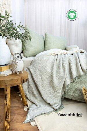 Green - Ecru King Size Bedspread 4 Layers Muslin 100% Cotton - Yasemininevi