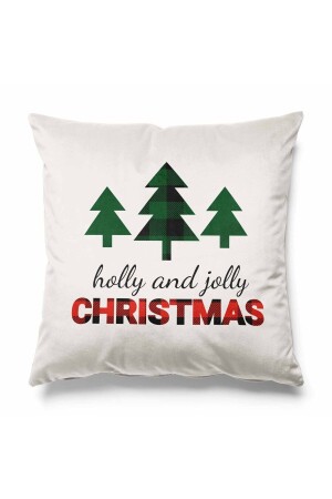 Green Holly Jolly Patterned on Ecru Background Double Sided Printed Throw Pillow Cover for New Year's Eve - Pilloveland