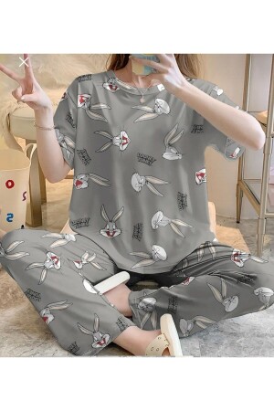 GRİ bugs bunny baskılı kısa kollu kadın pijama takımı suprem soft PNY - Meyliya