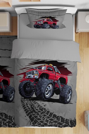 Gri Monster Truck Desenli Tek Kişilik Bebek Çocuk Nevresim Seti - Evpanya