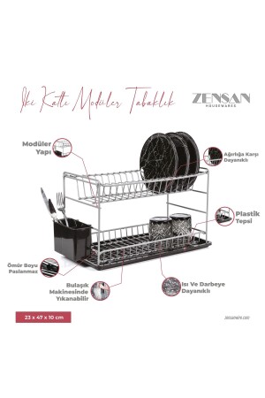 Grauer Pe-beschichteter, modularer Teller-/Geschirrständer aus Edelstahl mit zwei Ebenen (50 cm) Zensan-029 - ZENSAN