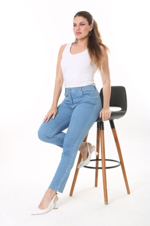Große Damen-Jeans aus blauem Lycra mit 4 Taschen und farbigen Details, 65n37725 - Şans