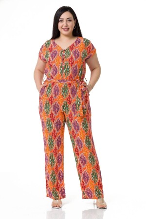 Großer orangefarbener Damen-Overall mit V-Ausschnitt, geknöpfter Vorderseite, niedrigen Ärmeln, elastischer Taille und Gürteltasche - Disentis Modest