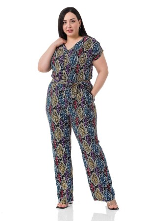 Großer, schwarzer Damen-Overall mit V-Ausschnitt, geknöpfter Vorderseite, niedrigen Ärmeln, elastischer Taille und Gürteltasche - Disentis Modest
