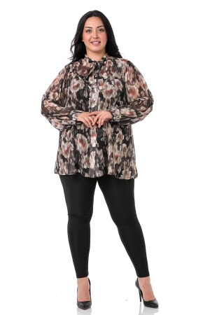 Großes, schwarz-beigefarbenes Chiffonhemd mit Blumenmuster, Schal und Manschetten - Disentis Modest