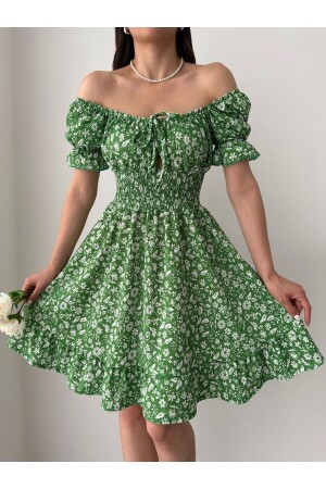Grünes, gemustertes Mini-Sommerkleid mit niedrigem Bund und Gimped-Wickelmuster für Damen - Sunlit Collections