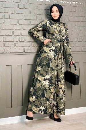 Güğüs Kısmı Gizli Düğmeli Bel Kuşaklı Baskı Desenli Tulum 3486 Siyah - Bym Fashion