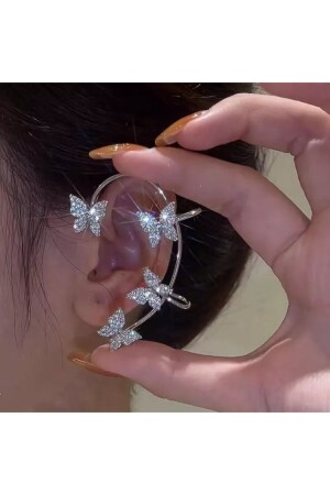 Gümüş Renk Tekli Taşlı Kelebek Sol Earcuff Kıkırdak Küpe - Aksesdunya