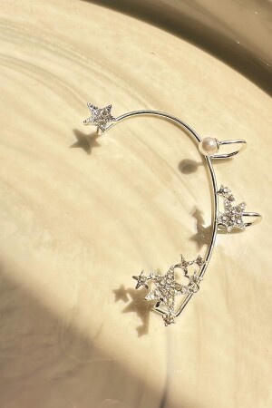 Gümüş Renk Tekli Zirkon Taşlı Incili Yıldız Earcuff Kıkırdak Küpe - Bahels