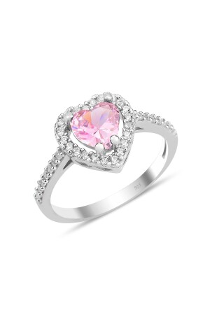 Gümüş Rodyumlu Pembe Taşlı Pırlanta Montürlü Kalp Modeli Yüzük - Söğütlü Silver