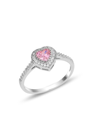 Gümüş Rodyumlu Pırlanta Modeli Pembe Taşlı Kalp Yüzük - Söğütlü Silver