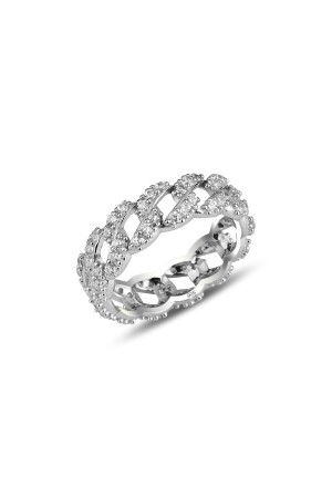 Gümüş Rodyumlu Zirkon Taşlı Zincir Modeli Yüzük - Söğütlü Silver
