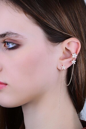 Gümüş Rose Zirkon Taşlı Özel Tasarım Lotus Zincirli Kıkırdak Küpe SGTL11956 - Söğütlü Silver