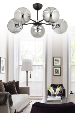 Güneş 5-Piece Modern Smoked Globe Glass Plafonier Chandelier ES-164 - ESSLİGHT