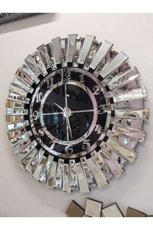 Güneş Argent Black Model Silver Black Color 85 Cm Decorative Mirrored Wall Clock HPS-7017 - AYNA DENİZİ
