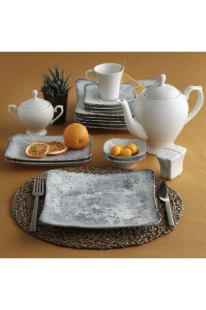 Güral Spinoza 36 Piece Square Bone Breakfast Set for 6 People GBSSPN36KHS211 - Güral Porselen