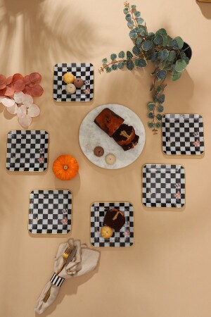 Gürcüğlass Checkered Butterfly Square Cake Plate 18 Cm 6 Pieces. square checkered cake - GÜRCÜGLASS