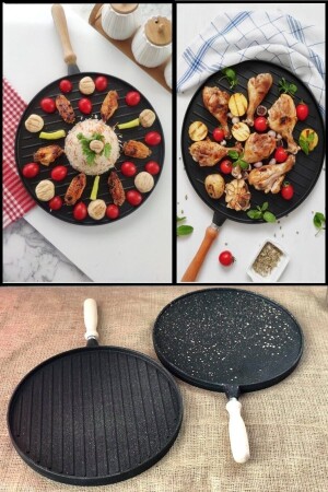 Gussgranit-Pfannkuchenpfanne mit Griff aus Eichenholz, Grill-Pizzapfanne TAVA2518 - Evim Şahane